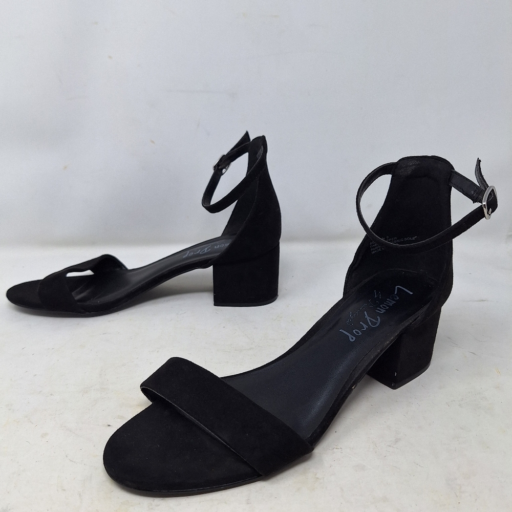 Lemon Drop By Privileged Benson Black Faux Suede Heeled Sandals Minimalist Sz 9